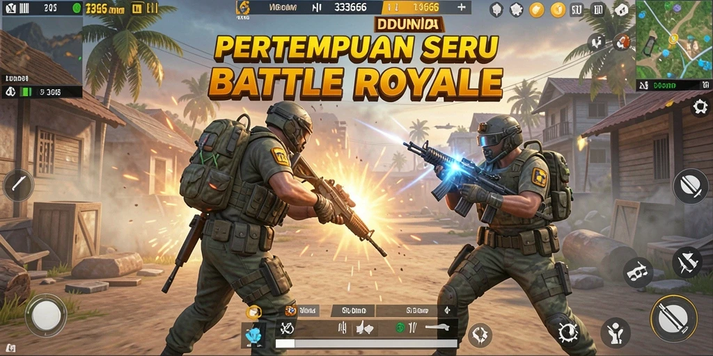 Screenshot utama 333666 menampilkan aksi intens di medan pertempuran Battle Royale.