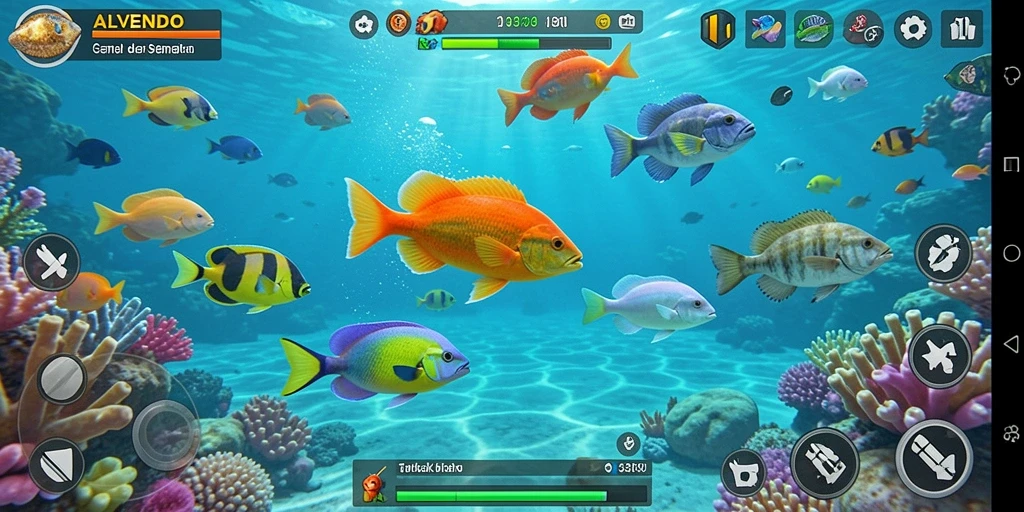 Tampilan gameplay ALVENDO saat menangkap ikan yang beragam.