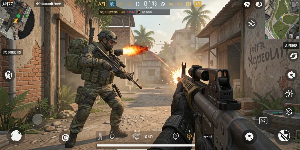 Tampilan gameplay menegangkan dalam API77 dengan aksi tembak menembak yang intens.