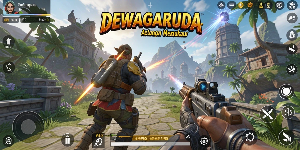 Tangkapan layar gameplay DEWAGARUDA dengan aksi tembak-menembak seru.
