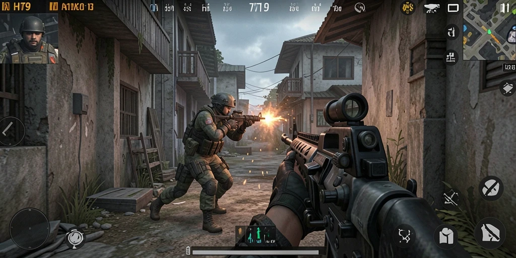Tampilan gameplay HIT9 dengan pertempuran FPS yang mendebarkan.