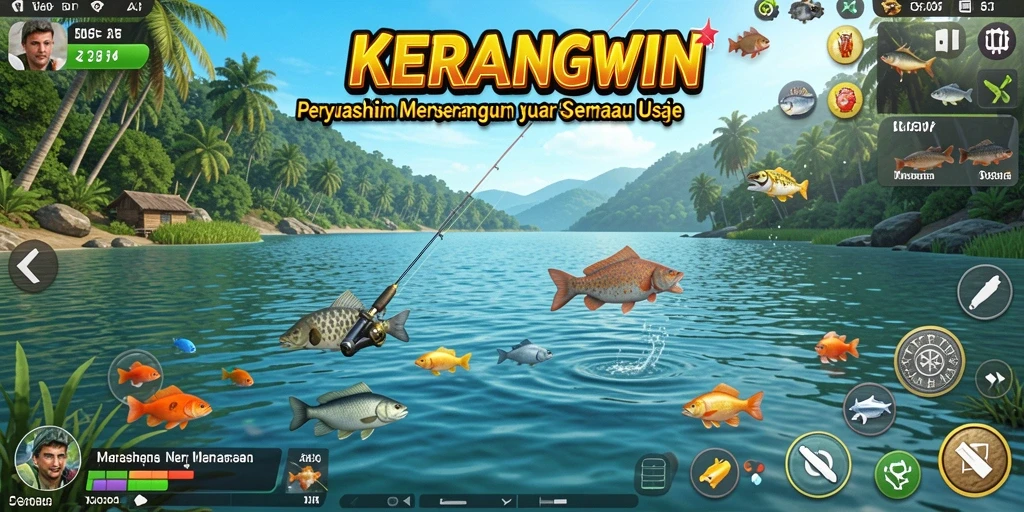 Screenshot gameplay KERANGWIN menunjukkan keseruan saat memancing.