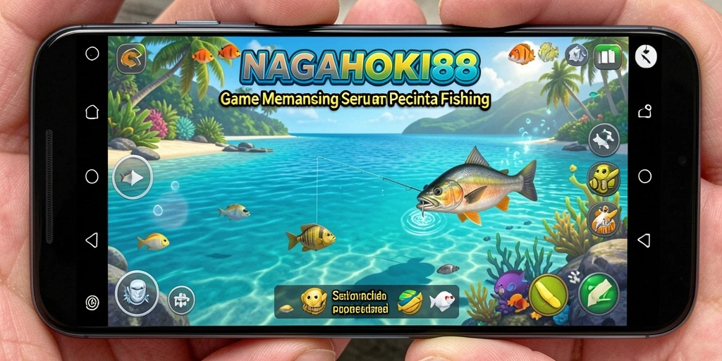 Tampilan gameplay NAGAHOKI88 saat memancing di laut yang indah.